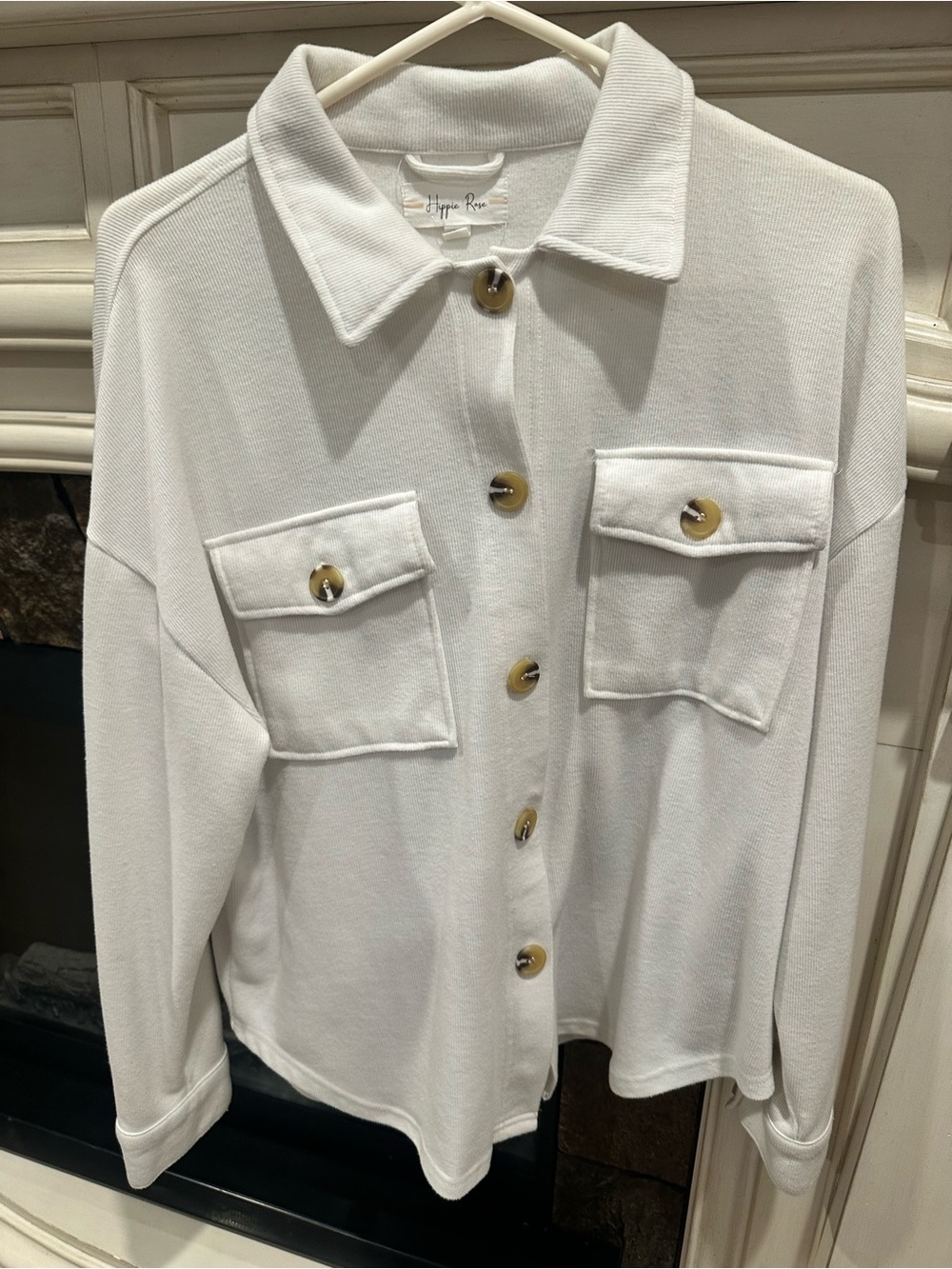 Hippie Rose Boho Oversized Ribbed White Button-Front Pocket Shacket